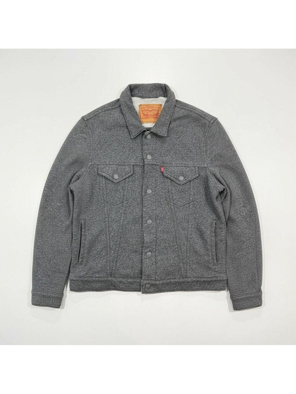 Levis French Terry Trucker Jacket Mens L Gray Knit Sweatshirt Button Front